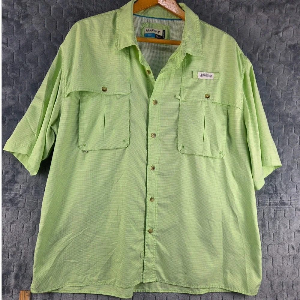 Magellan Outdoors Fish Gear Shirt Mens 2XL Green Micro Check MagWick Short Sleve